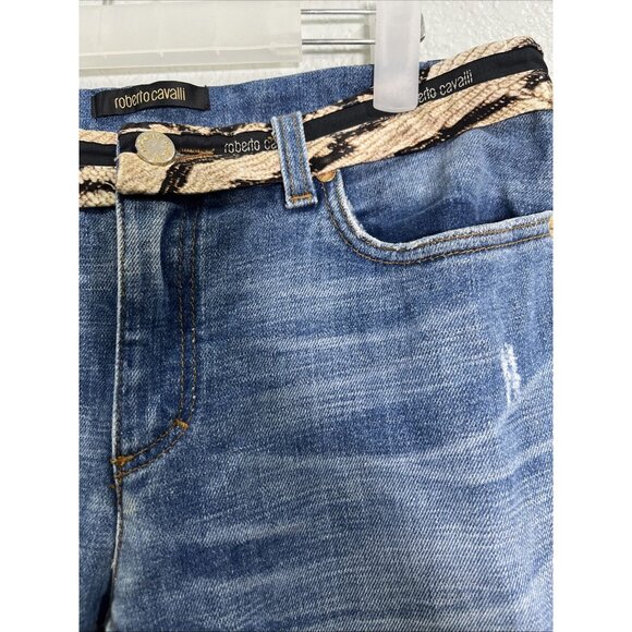 Roberto Cavalli Vtg Womens Sz S Y2K Bootcut Jeans Blue Denim Low Rise Silk Belt - Picture 3 of 11